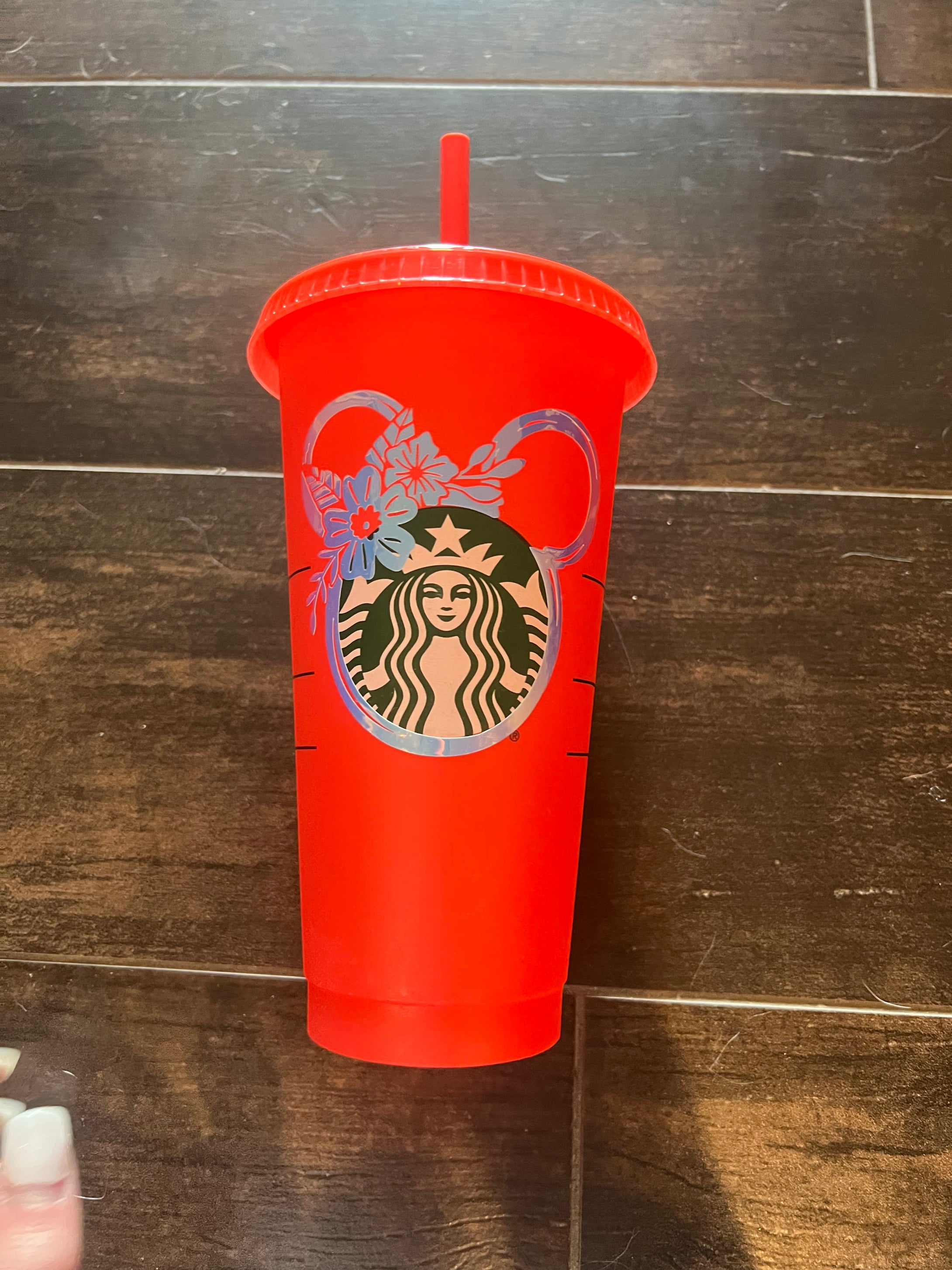 Red Starbucks Cup with flower ears