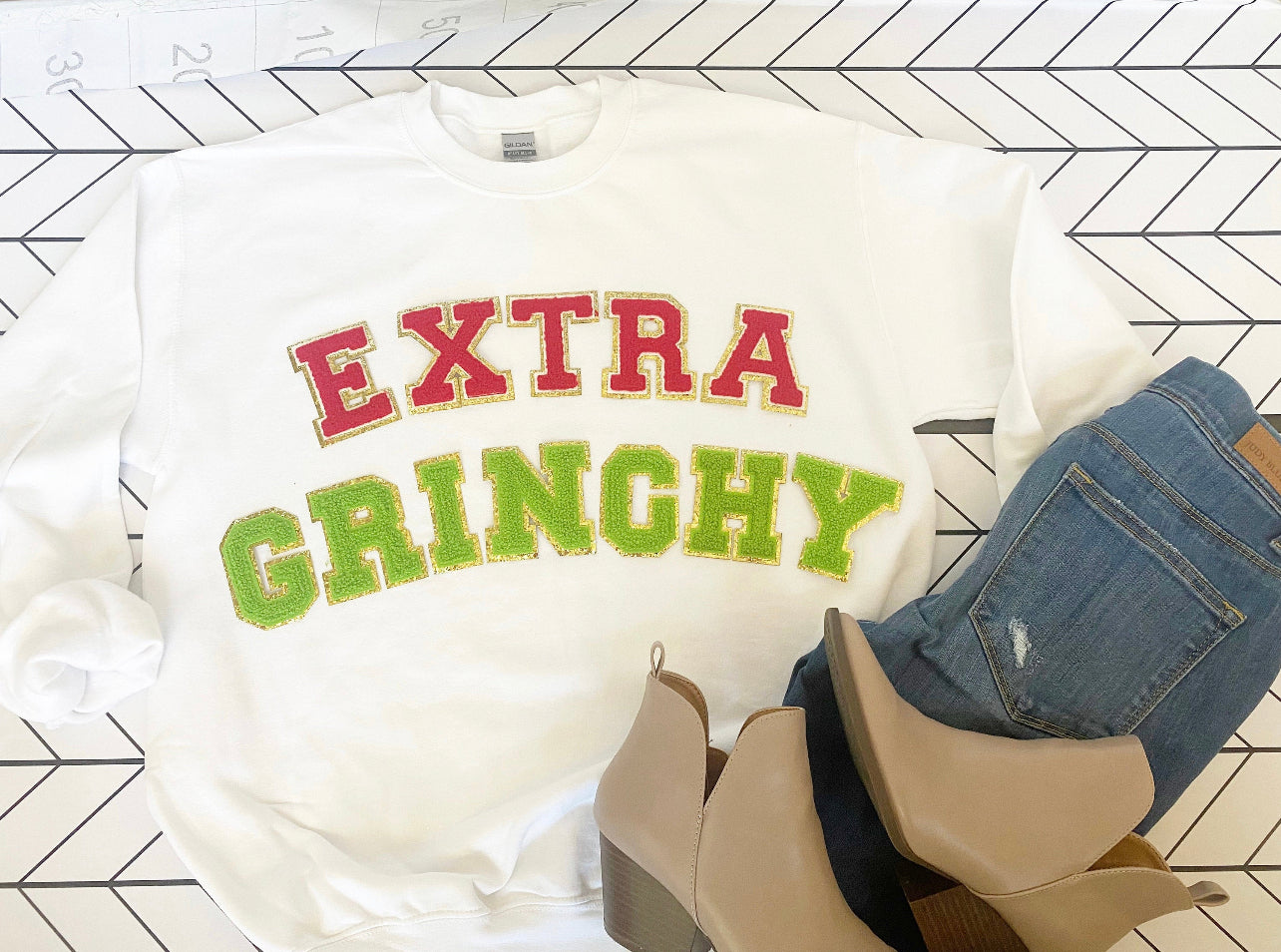 Extra Grinchy Chenille Lettered Shirts